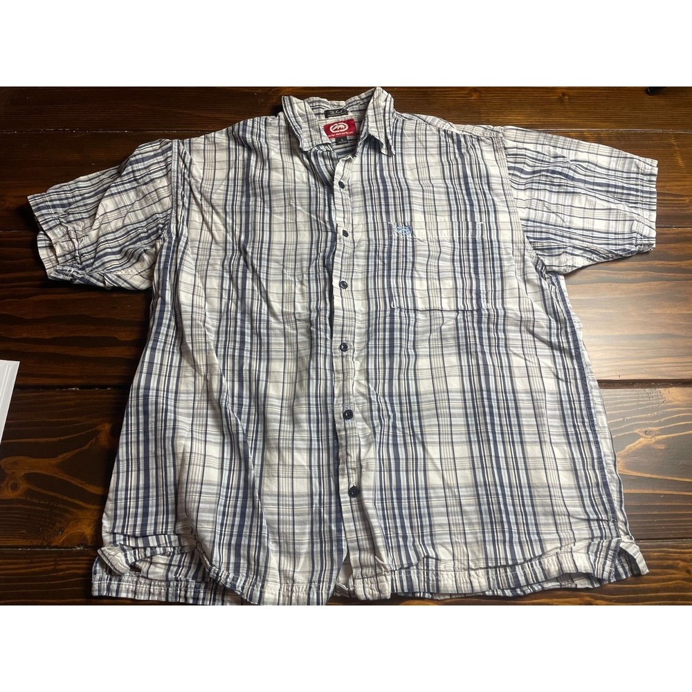 Echo Shirt Men's Size Large White Tan Gray Blue *The Knute* Plaid Short Sleeve